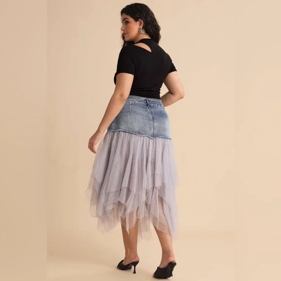 Nwt Micas Denim Mesh Patchwork High Waist denim and tulle Skirt - Picture 8 of 17